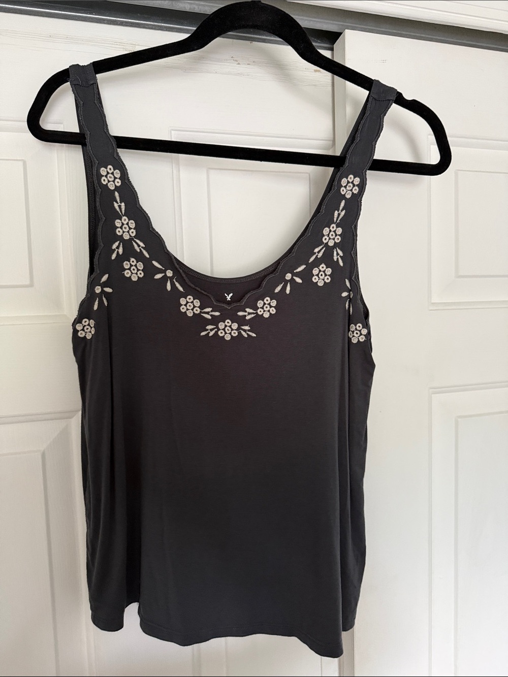 American Eagle Outfitters Charcoal Tank with Cream Floral Embroidery